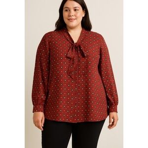 Denim 24/7 Red Geo Print Bow Tie Blouse Womens 24W Long Sleeve Button Front Plus